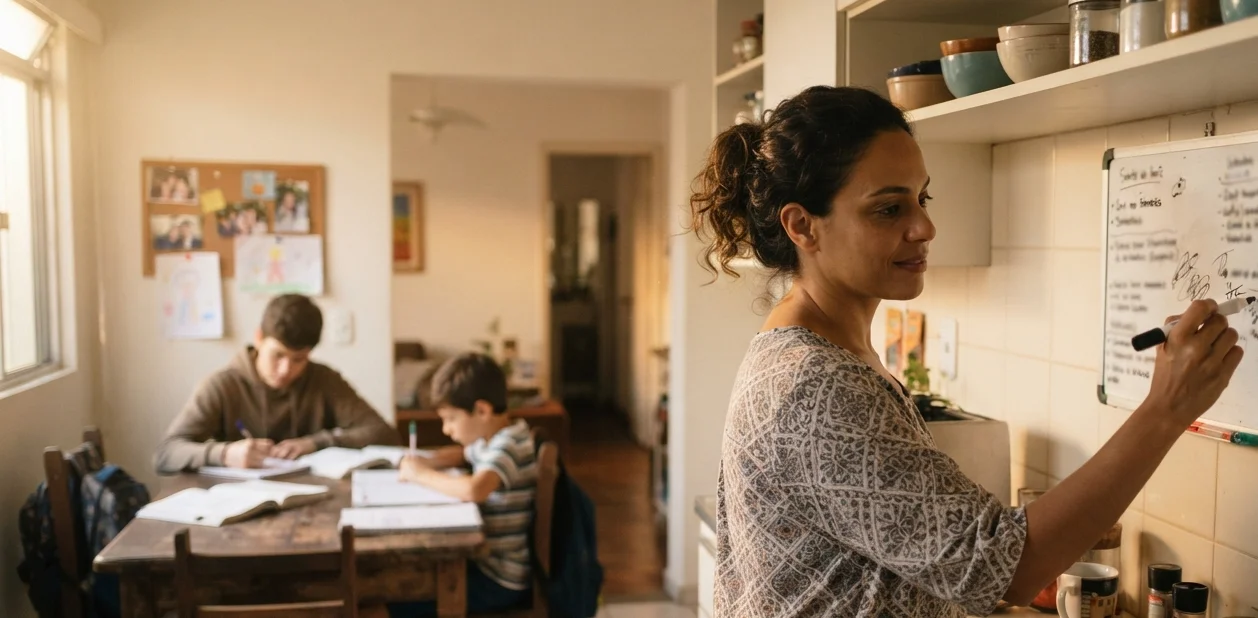 mãe atualizando quadro de organização na cozinha enquanto os dois filhos estudam ao fundo