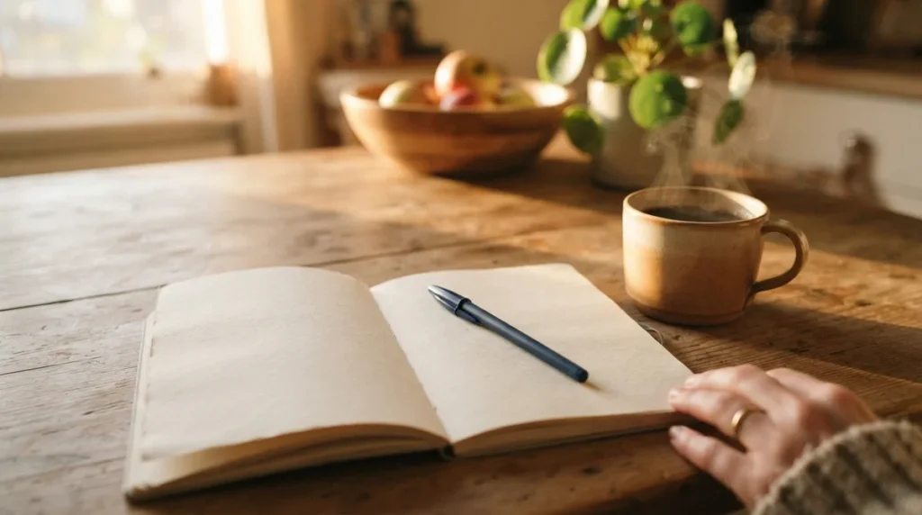 Caderno de journaling para mulheres aberto sobre a mesa da cozinha ao lado de uma xícara de café, em uma manhã tranquila antes da casa acordar