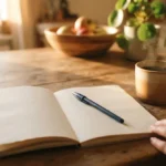 Caderno de journaling para mulheres aberto sobre a mesa da cozinha ao lado de uma xícara de café, em uma manhã tranquila antes da casa acordar