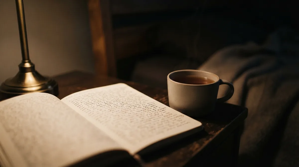Página de diário escrita à mão sob luz de abajur, com uma xícara de chá ao lado, representando o hábito de journaling à noite