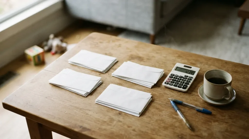 Envelopes organizados em quatro grupos sobre a mesa da sala, ao lado de uma calculadora, representando o método de organização financeira para mães com quatro caixas