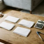 Envelopes organizados em quatro grupos sobre a mesa da sala, ao lado de uma calculadora, representando o método de organização financeira para mães com quatro caixas