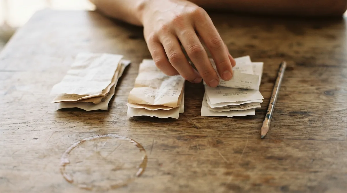 Mão organizando pequenos recibos de papel sobre a mesa durante a semana de observação de gastos