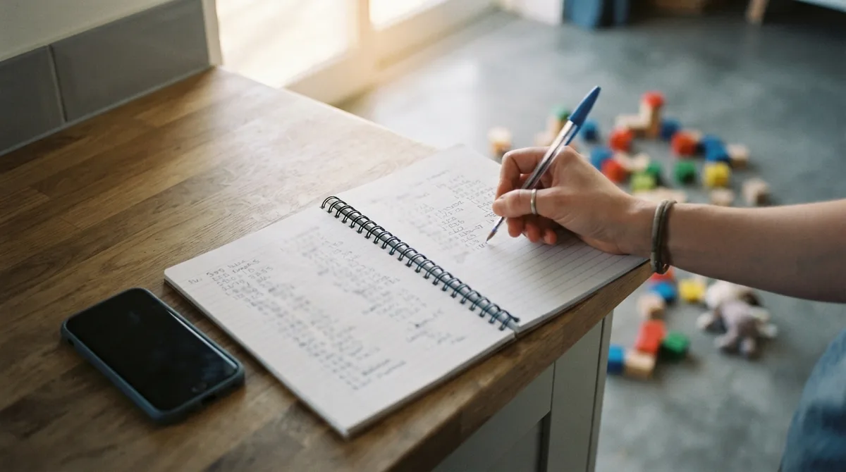 Caderno de controle financeiro sendo preenchido à mesa da cozinha, com brinquedos infantis desfocados ao fundo