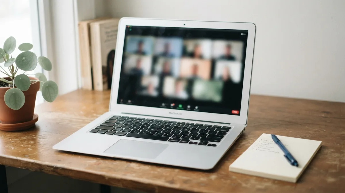 Notebook aberto em videochamada sobre a mesa de trabalho em casa, com bloco de notas e caneta ao lado, representando como ser mais produtiva em reuniões de trabalho remoto