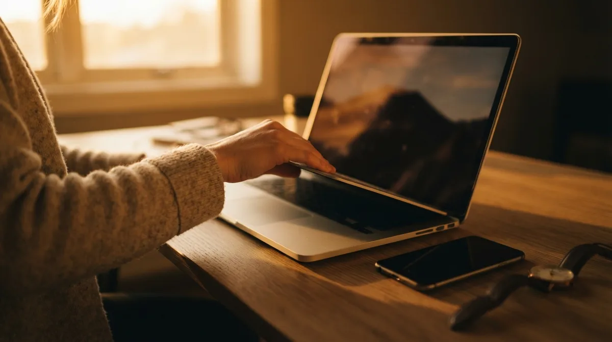 Mão fechando a tela do notebook após uma reunião, representando a decisão de encerrar ou recusar um compromisso desnecessário