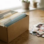 Caixa de documentos organizados em pastas ao lado de fotos impressas da família espalhadas sobre a mesa, representando como organizar fotos e documentos da família