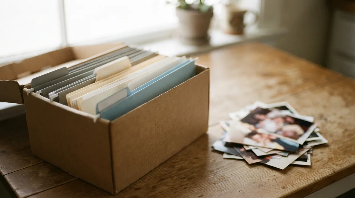 Caixa de documentos organizados em pastas ao lado de fotos impressas da família espalhadas sobre a mesa, representando como organizar fotos e documentos da família