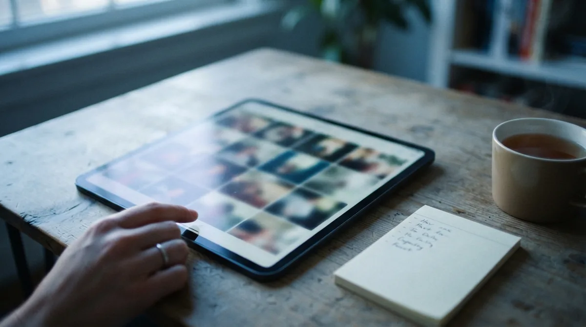 Tablet mostrando álbuns de fotos organizados sobre a mesa, ao lado de um caderno de anotações, representando a organização digital das fotos da família