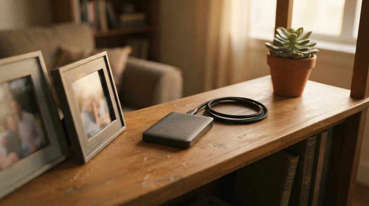 HD externo de backup sobre uma prateleira ao lado de porta-retratos da família, representando a regra de backup 3-2-1 para fotos e documentos