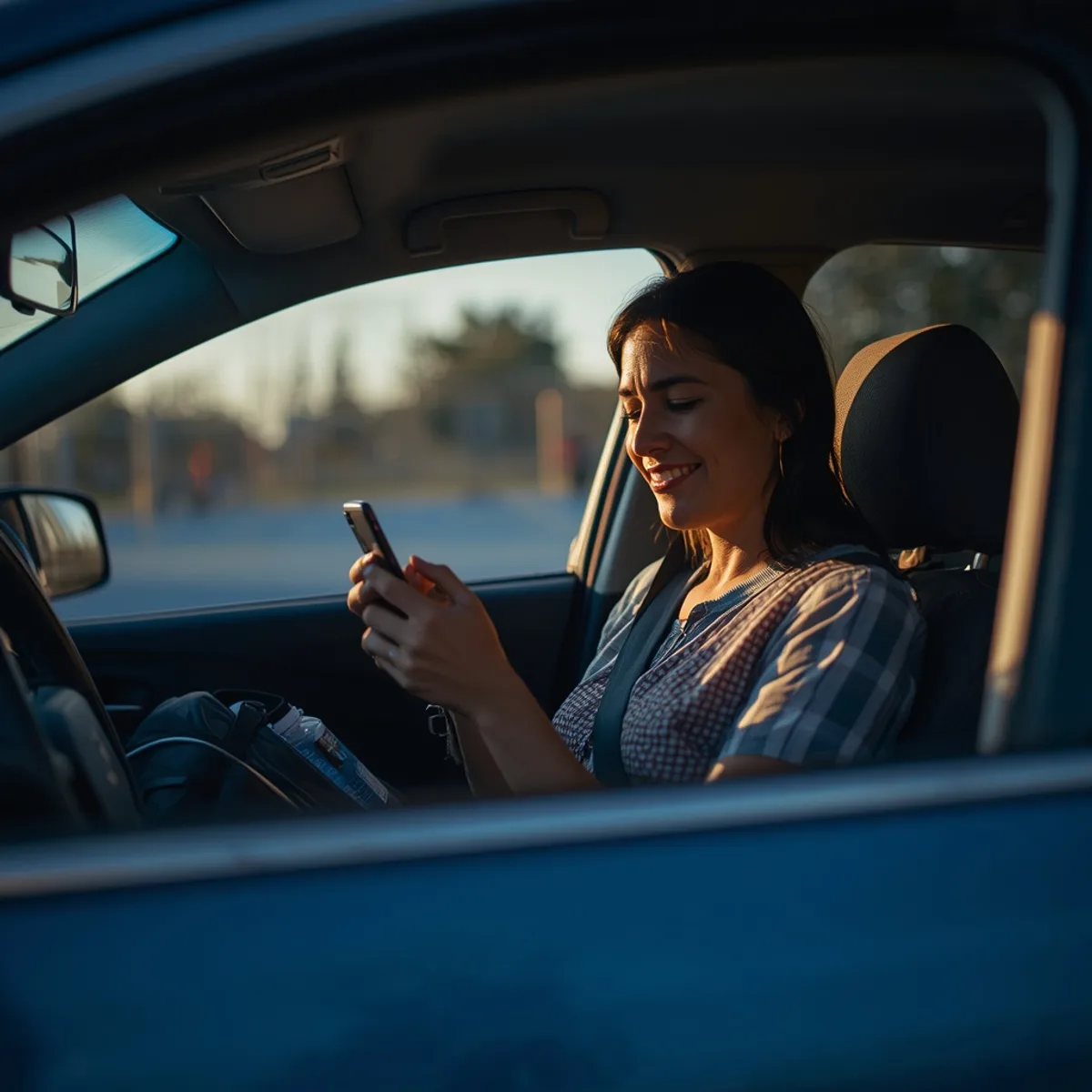 Mulher organizando a caixa de entrada do e-mail no celular dentro do carro enquanto espera o filho sair do treino