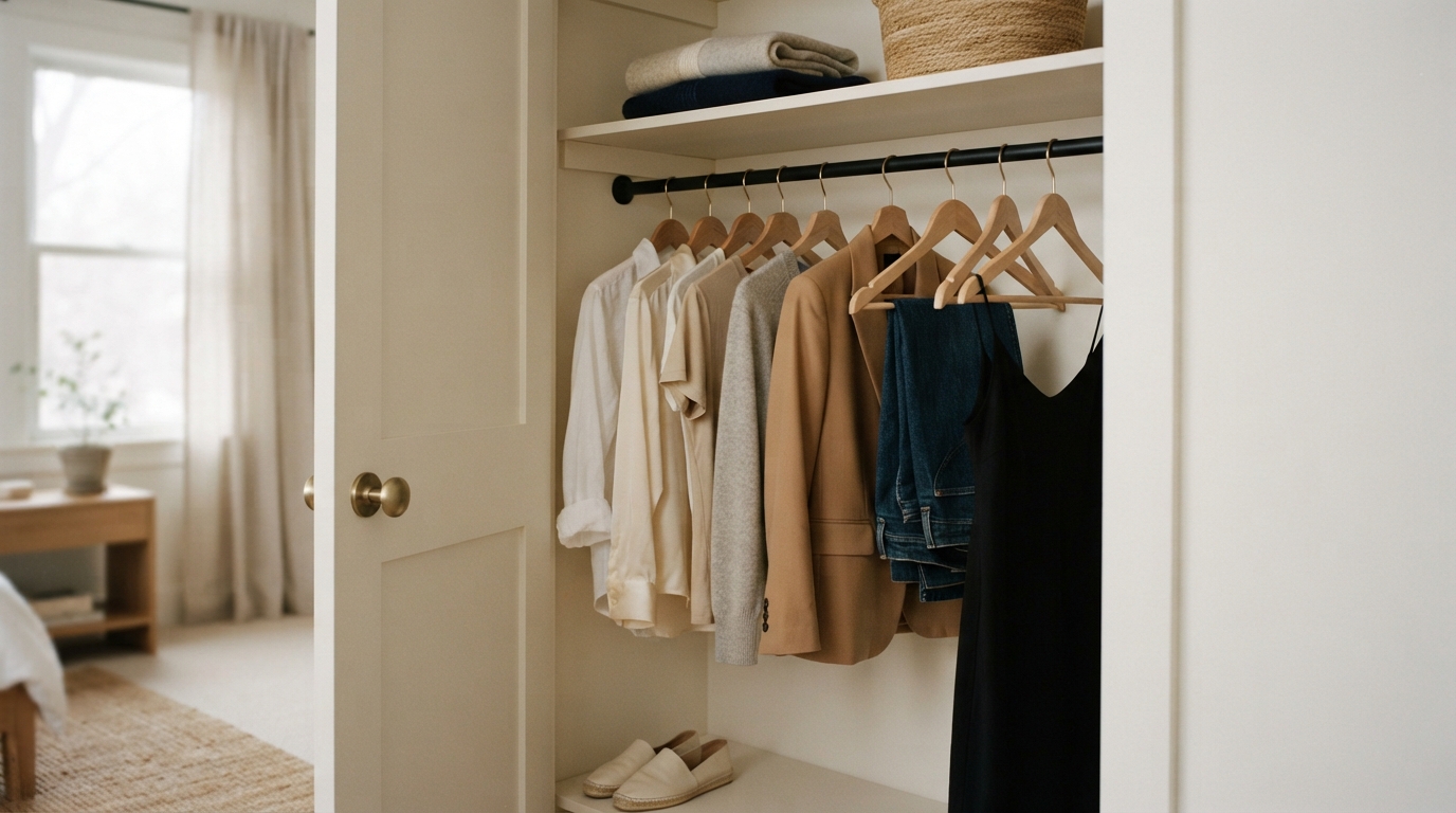 guarda-roupa aberto com poucas peças bem organizadas, cápsula de roupas