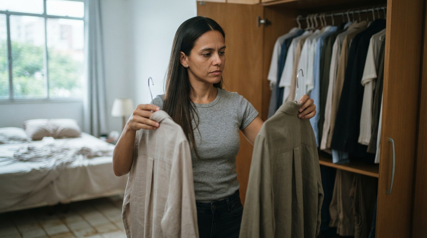 mulher segurando duas blusas parecidas tentando decidir entre elas