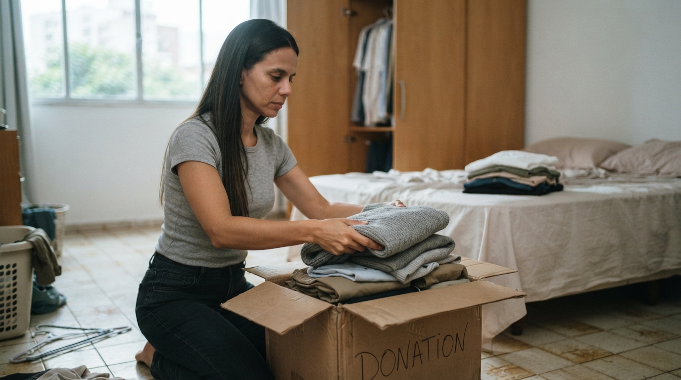 mulher separando roupas numa caixa de doação durante organização do guarda-roupa