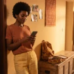 mãe organizando avisos da escola no celular ao lado da mochila