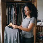 mulher parada em frente ao guarda-roupa aberto de manhã cedo, indecisa sobre o que vestir