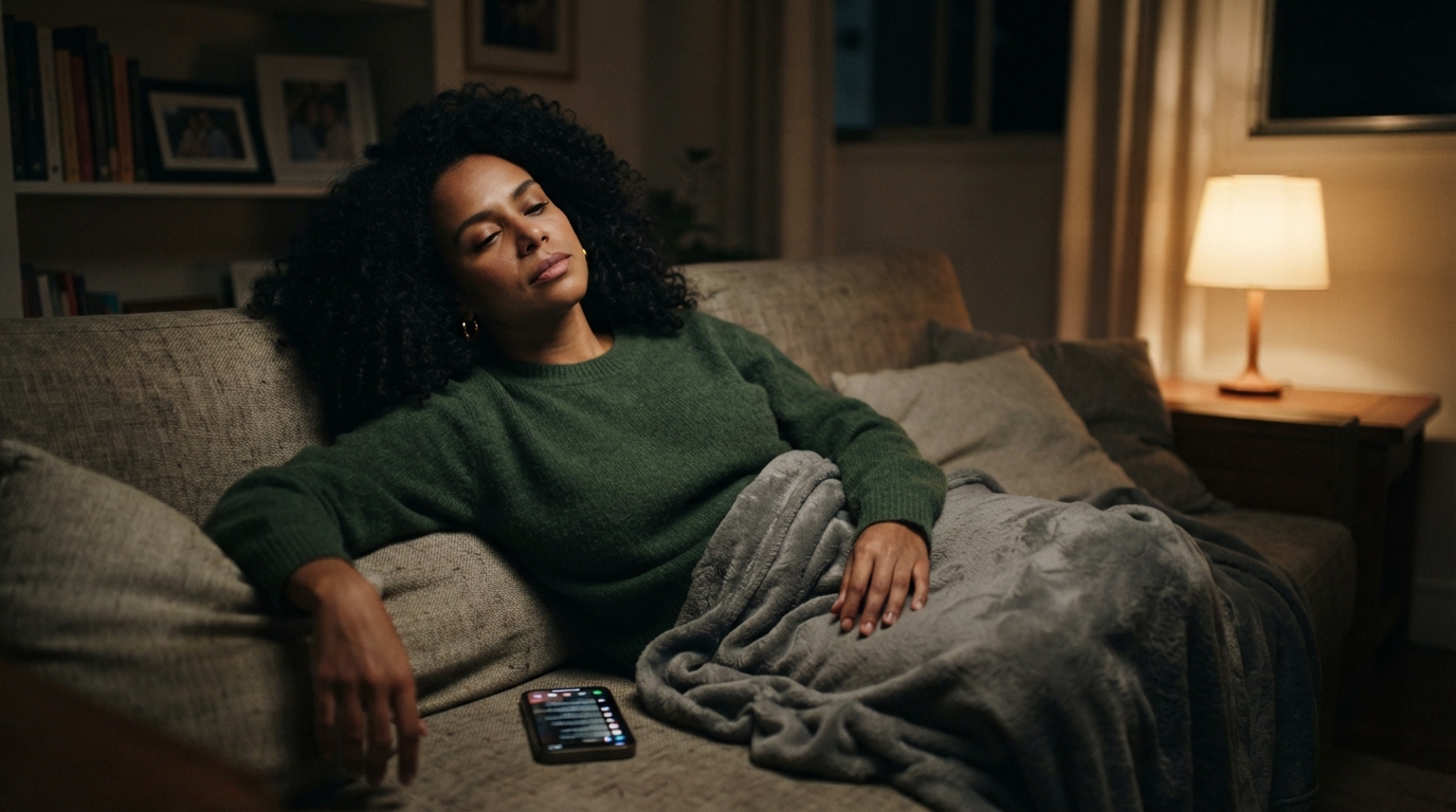 mulher sentada no sofá à noite, esgotada, com o celular ao lado