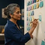 mulher escolhendo metas prioritárias entre vários post-its