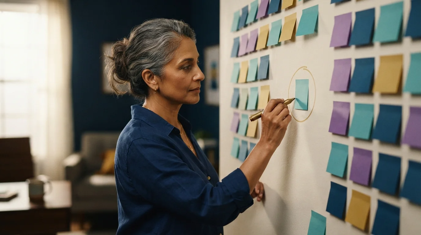 mulher escolhendo metas prioritárias entre vários post-its