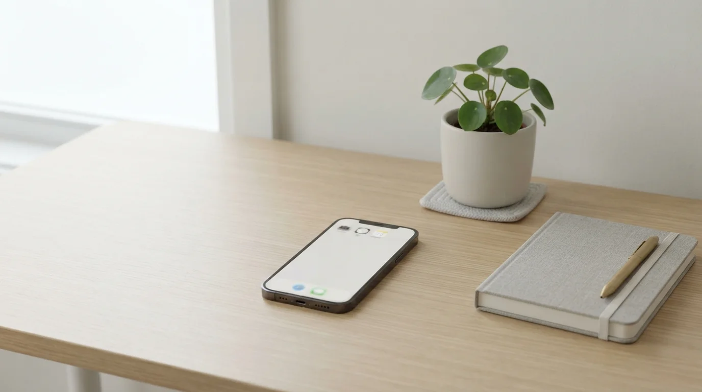 celular com tela minimalista sobre mesa organizada, minimalismo digital