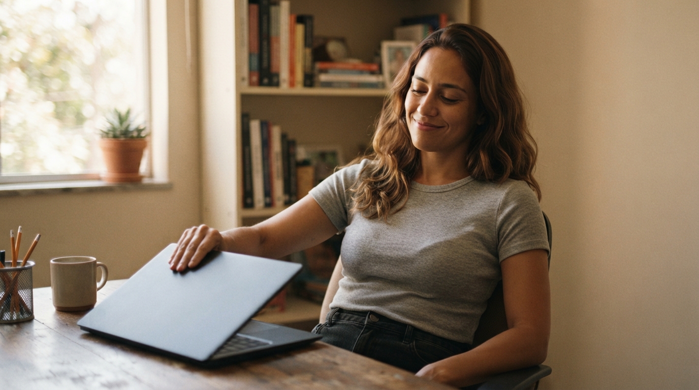 mulher fechando o notebook com expressão de alívio depois de cancelar uma assinatura que não usava