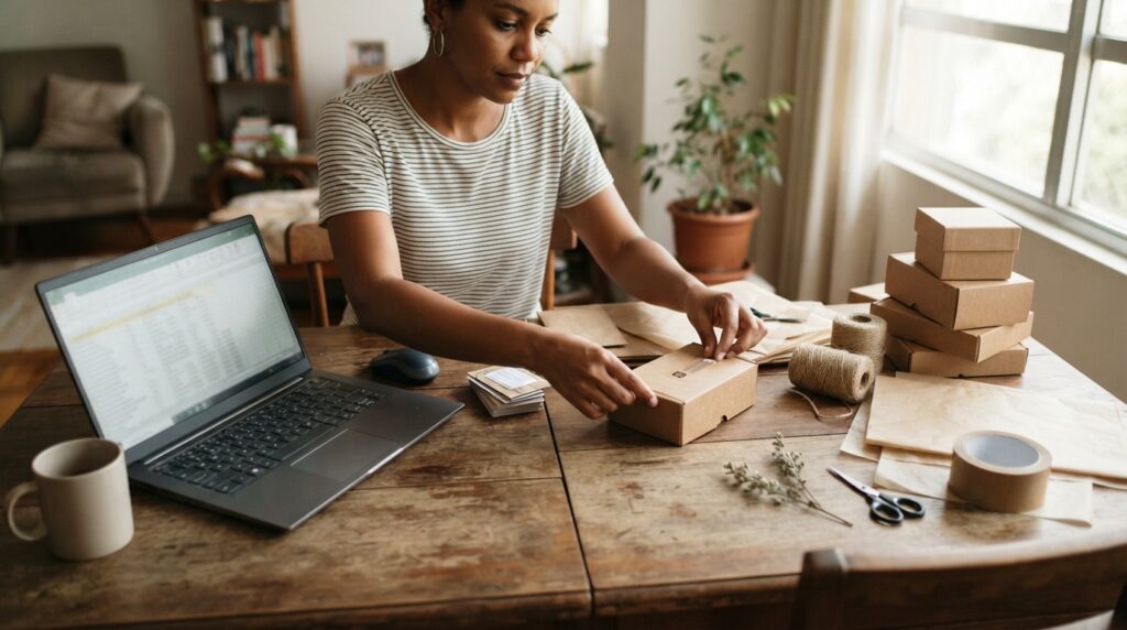 mesa dividida entre notebook do emprego fixo de um lado e materiais de renda extra do outro