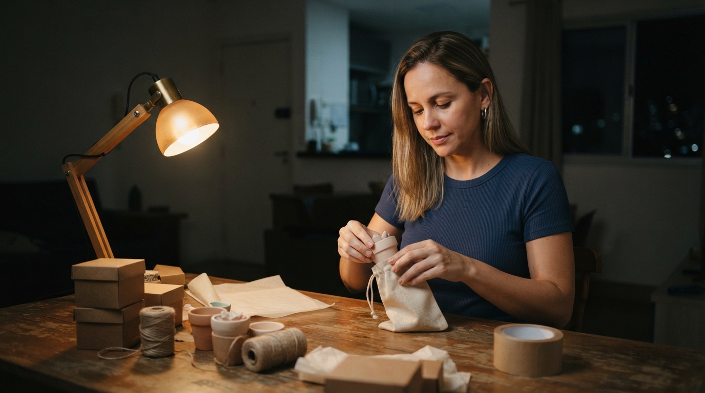 mulher embalando produtos numa mesa à noite para o trabalho extra depois do expediente
