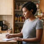 mulher escrevendo a lista de compras na bancada da cozinha com a despensa aberta ao fundo