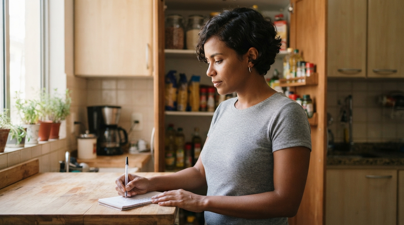 mulher escrevendo a lista de compras na bancada da cozinha com a despensa aberta ao fundo