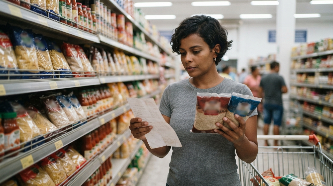 mulher no supermercado comparando dois produtos com a lista de compras na mão