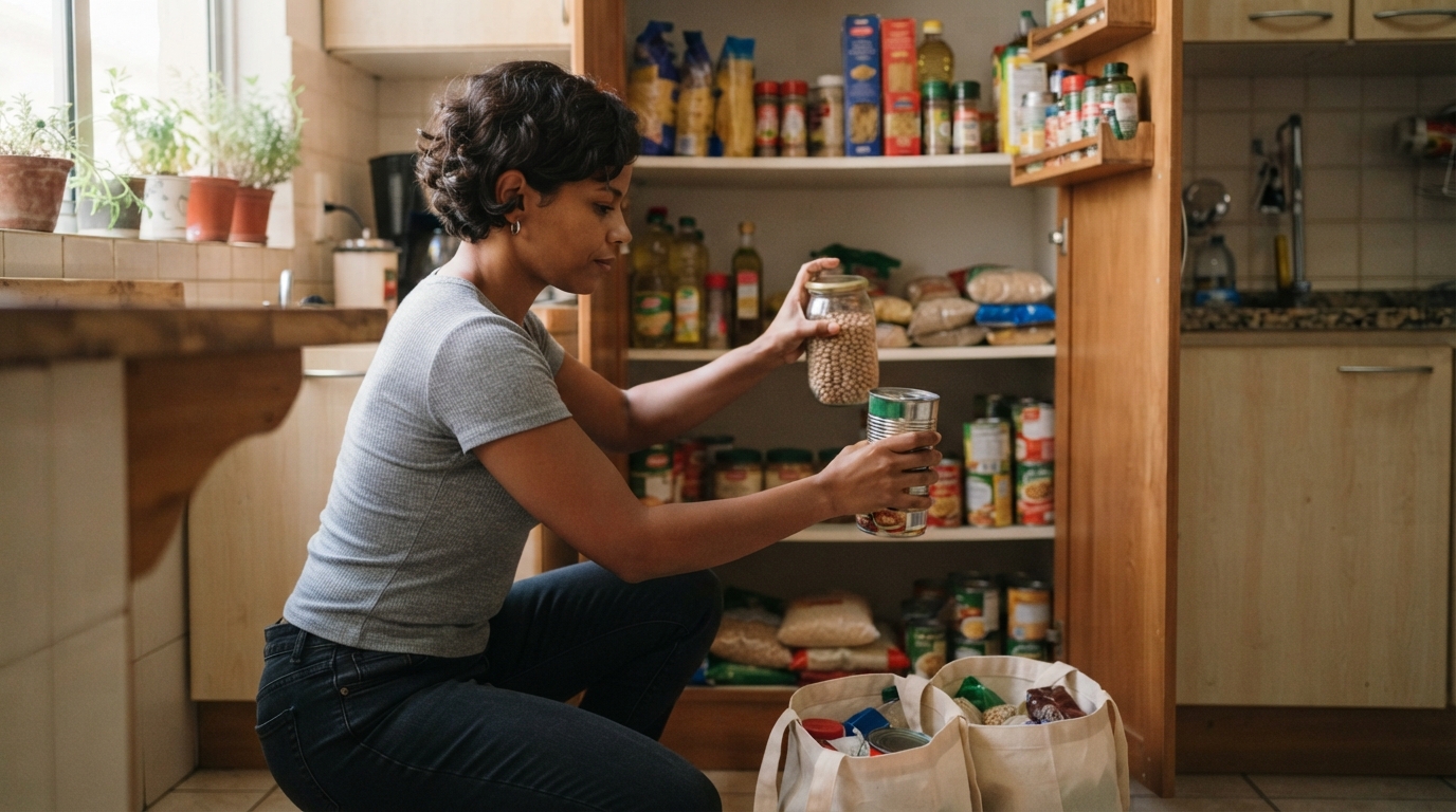 mulher guardando as compras organizadas na despensa em casa