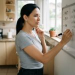 mulher escrevendo poucas tarefas num quadro branco pequeno na cozinha, sistema visual simples