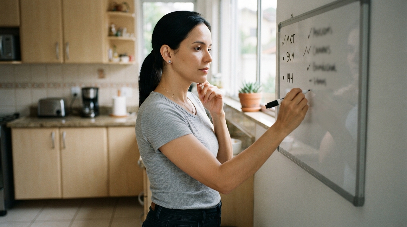 mulher escrevendo poucas tarefas num quadro branco pequeno na cozinha, sistema visual simples