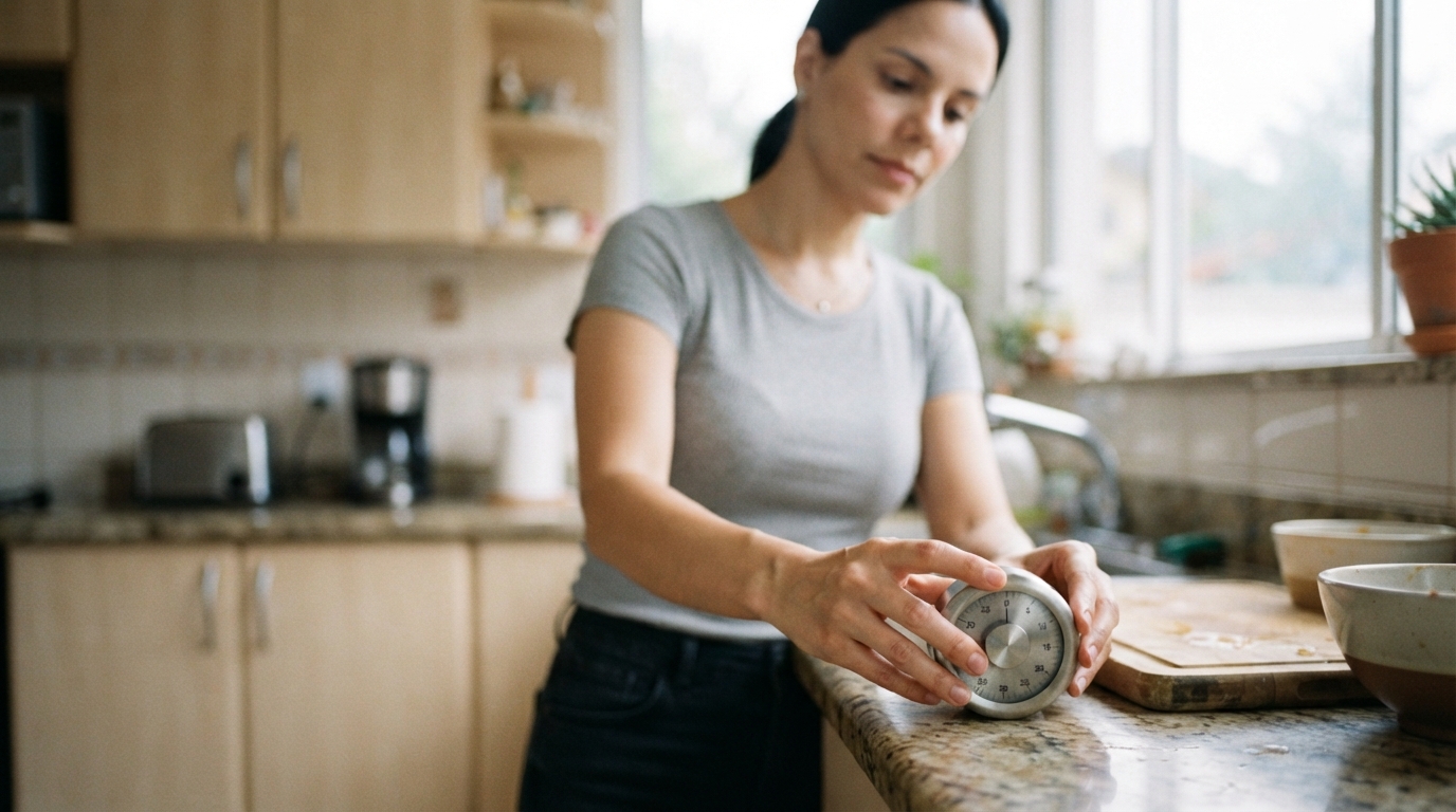 mulher usando um timer físico em cima do balcão da cozinha