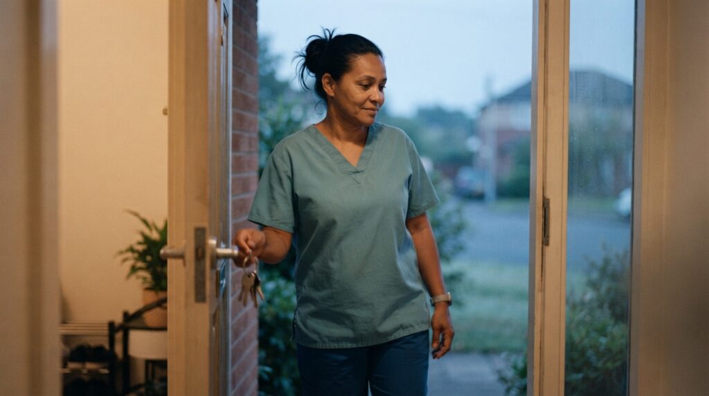 mulher de uniforme chegando em casa ao amanhecer depois de um plantão noturno