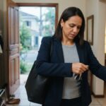 mulher parada na porta de casa ajustando o blazer sobre a roupa confortável antes de sair para o dia de escritório