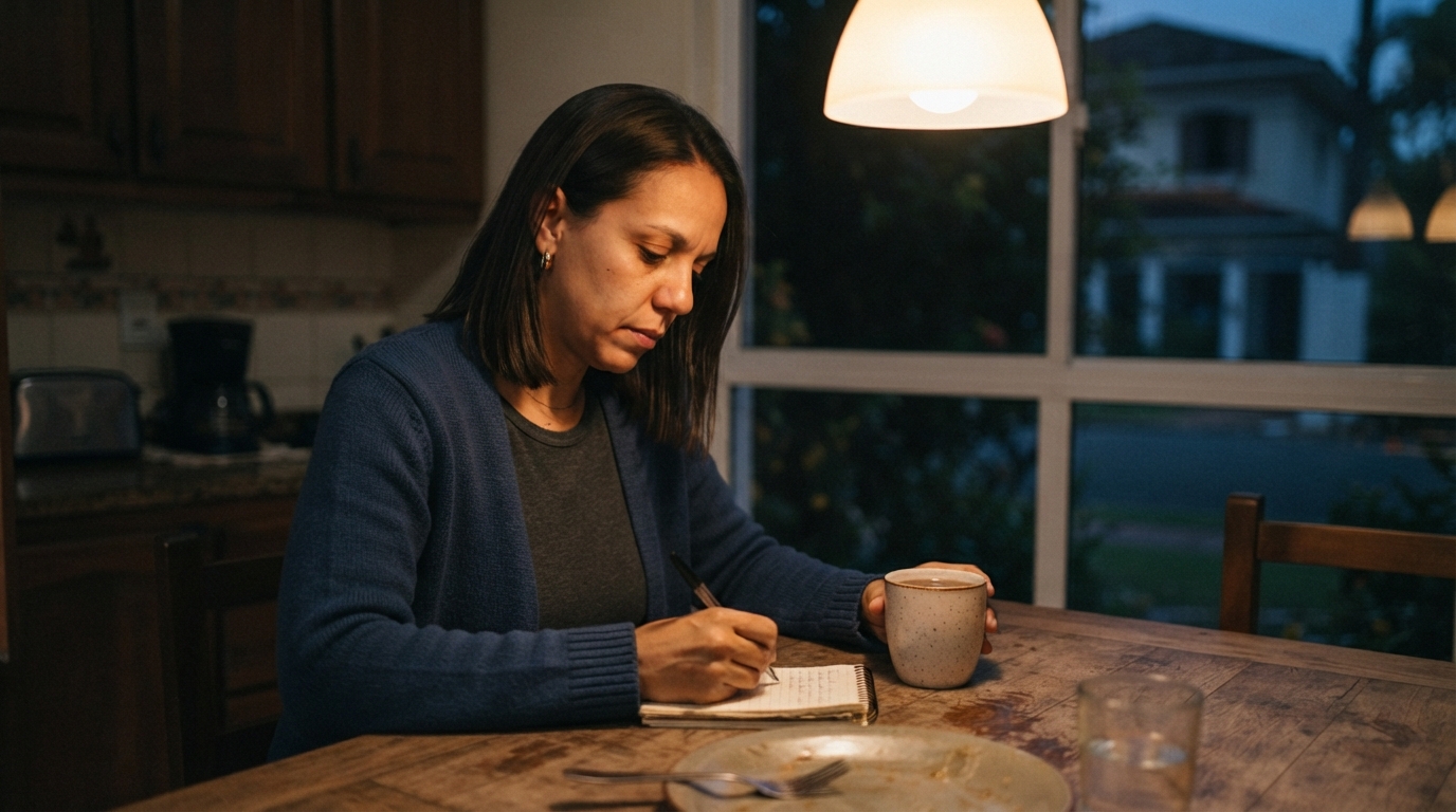 mulher escrevendo a agenda do dia seguinte à mesa da cozinha à noite