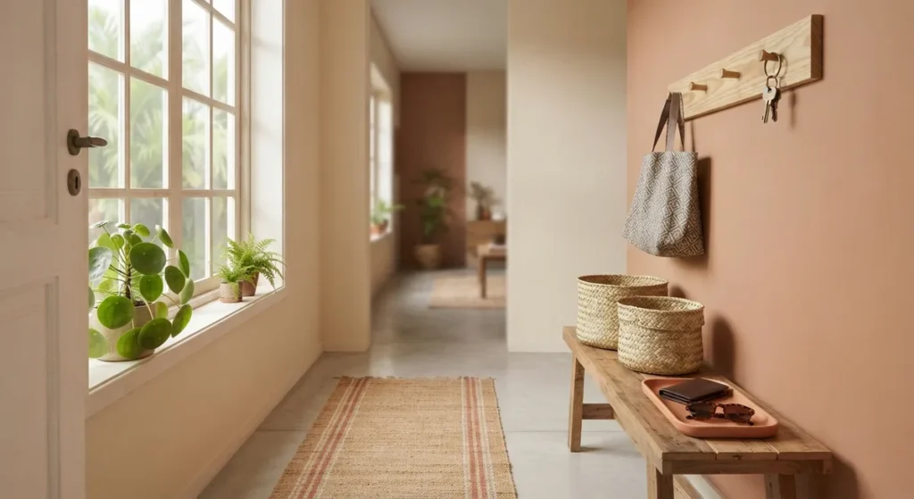 entrada de casa com ganchos e cestos, um jeito simples de como ser uma pessoa organizada