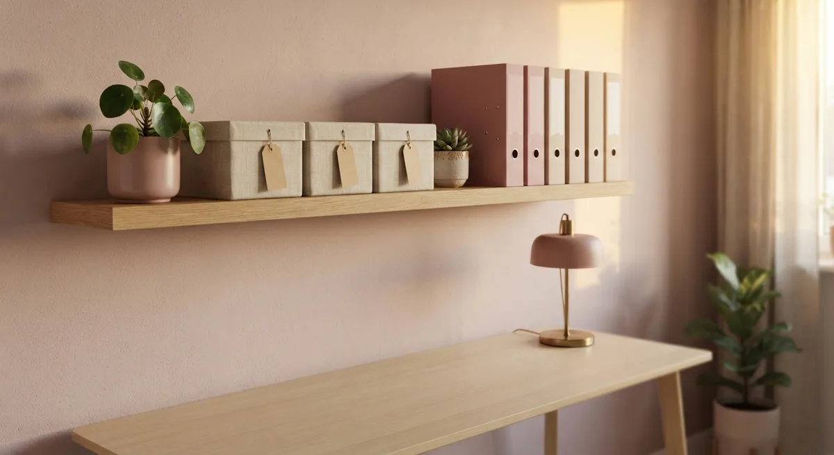 prateleira com caixas organizadoras e mesa livre, exemplo de como ser uma pessoa organizada