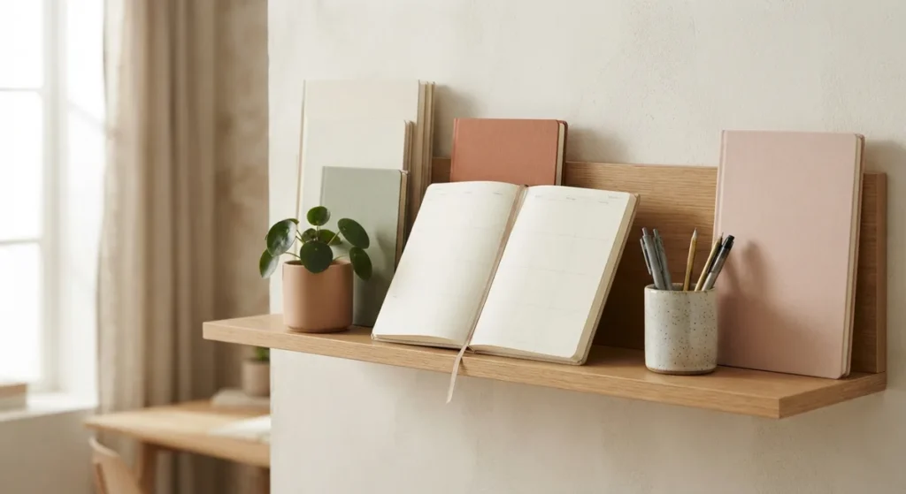 estante com planners de vários tamanhos, ilustrando como usar um planner e escolher o modelo certo
