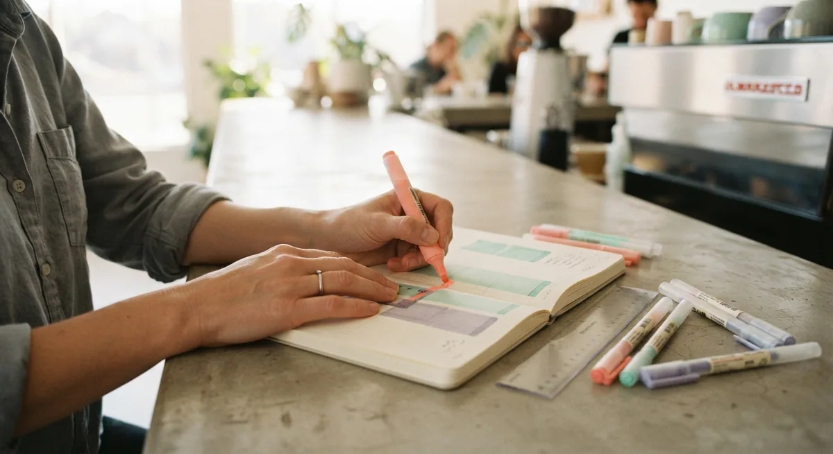 mãos desenhando blocos de horário coloridos em um planner semanal, mostrando como usar um planner na prática