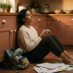 mãe no modo sobrevivência sentada no chão da cozinha ao fim do dia, exausta