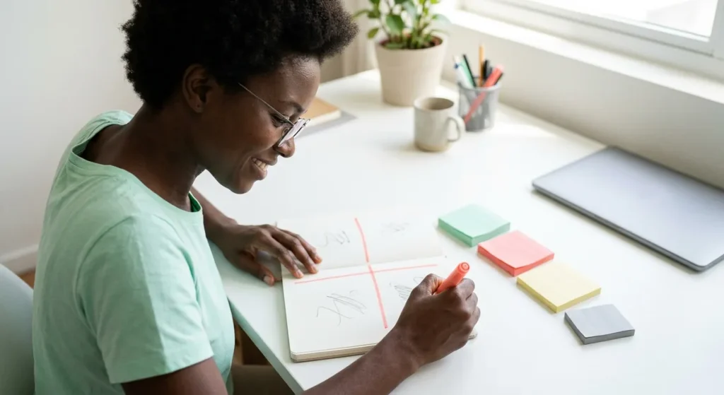 mulher desenhando os quatro quadrantes da matriz de Eisenhower em um caderno