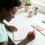 mulher desenhando os quatro quadrantes da matriz de Eisenhower em um caderno