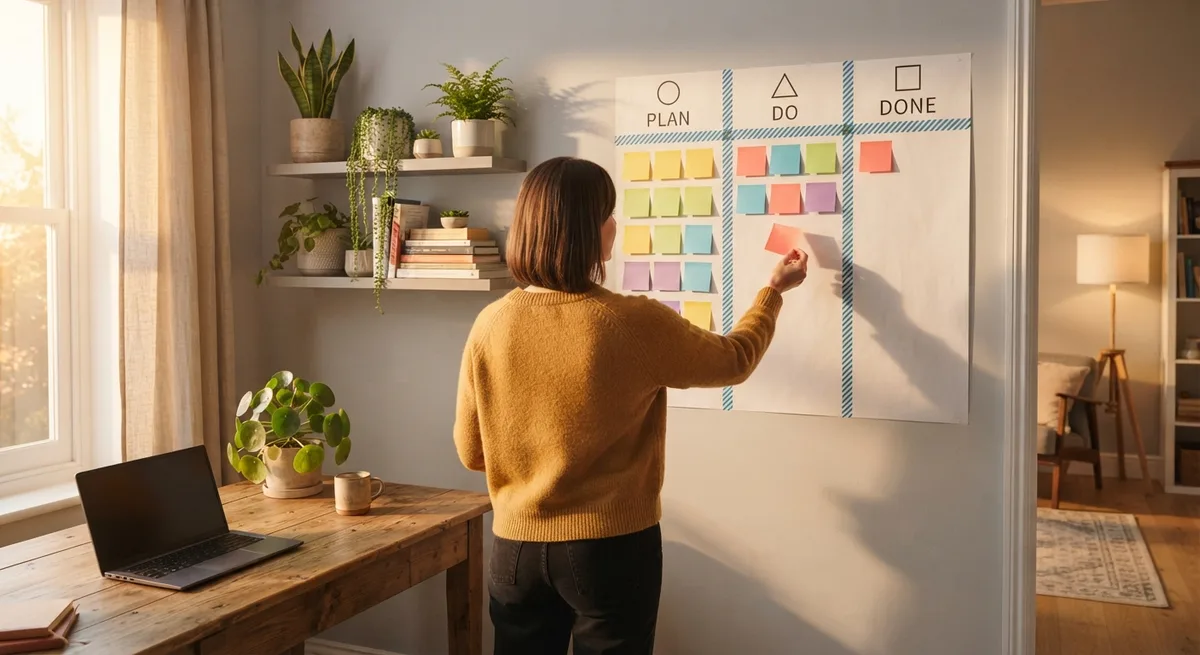 quadro kanban de papel na parede do home office, comparando métodos de organização pessoal na prática