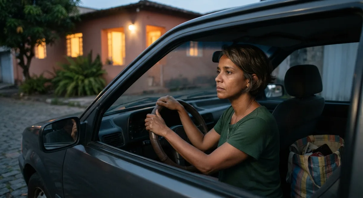 mulher parada no carro ao fim do dia antes de entrar em casa, sinal para diferenciar modo sobrevivência ou burnout
