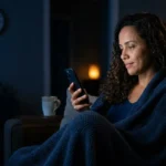 mulher acordada de madrugada no sofá olhando o celular, retrato da procrastinação do sono por vingança