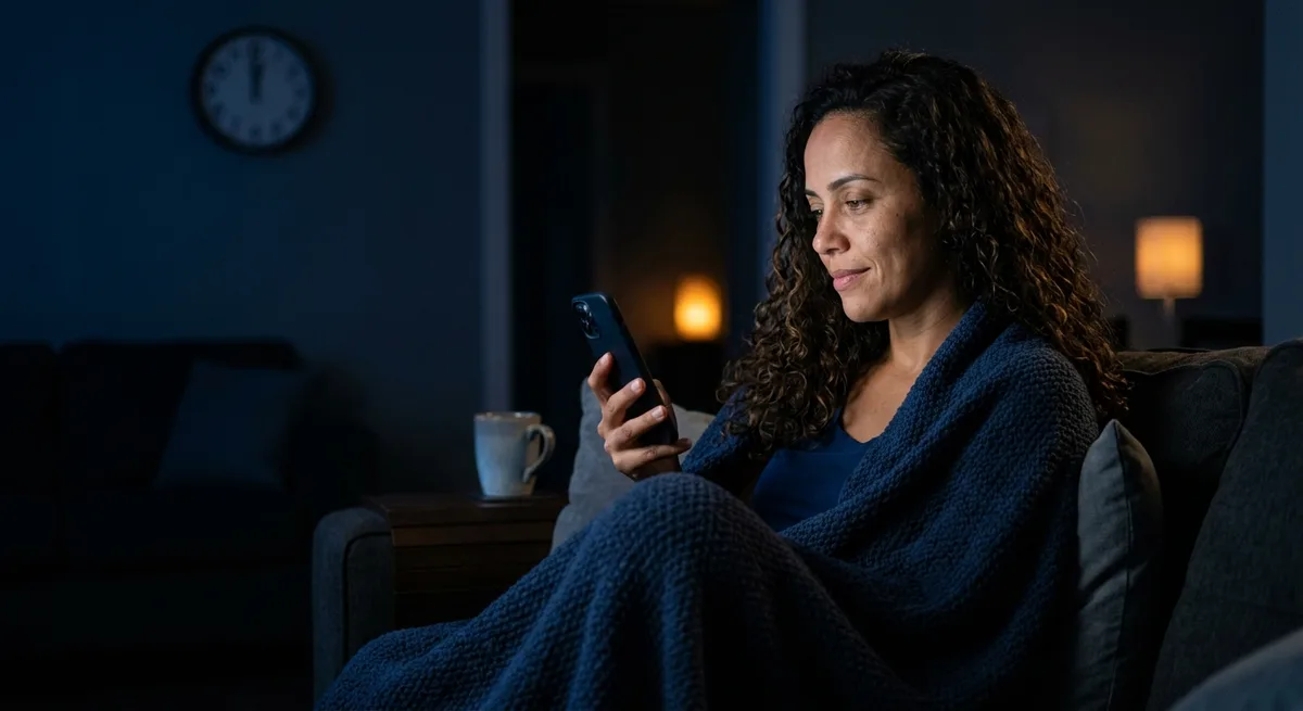mulher acordada de madrugada no sofá olhando o celular, retrato da procrastinação do sono por vingança