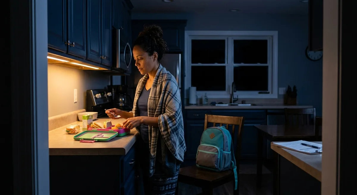 mãe na cozinha à noite preparando a lancheira do dia seguinte antes de dormir