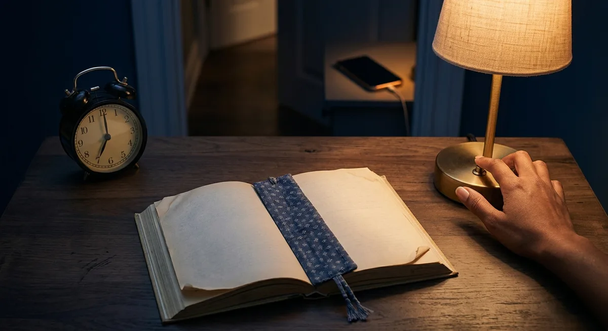 celular carregando fora do quarto e livro de papel na mesa de cabeceira para evitar a procrastinação do sono por vingança